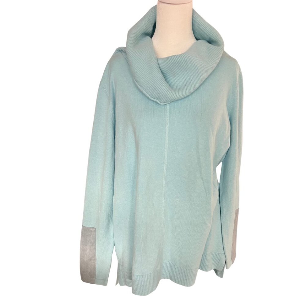 Cotton Cashmere Cowl Neck Tunic Sweater - Blue Multi, Size Medium - Picture 8 of 8